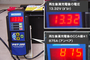 A 再生後 満充電後の電圧(13.32V) とCCA 値(875A)